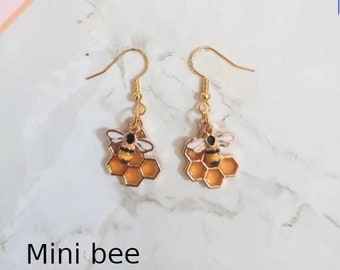 Choice of Bee with honeycomb dangling drop earrings, bee earrings, hypoallergenic and nickel free backs of your choice, mini bee earrings