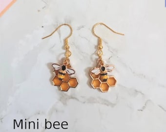 Choice of Bee with honeycomb dangling drop earrings, bee earrings, hypoallergenic and nickel free backs of your choice, mini bee earrings