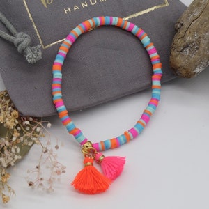 Colorful Heishi bracelet pink orange, tassel, gold plated, gift for women image 5