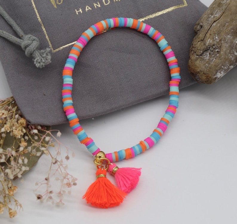 Colorful Heishi bracelet pink orange, tassel, gold plated, gift for women image 5