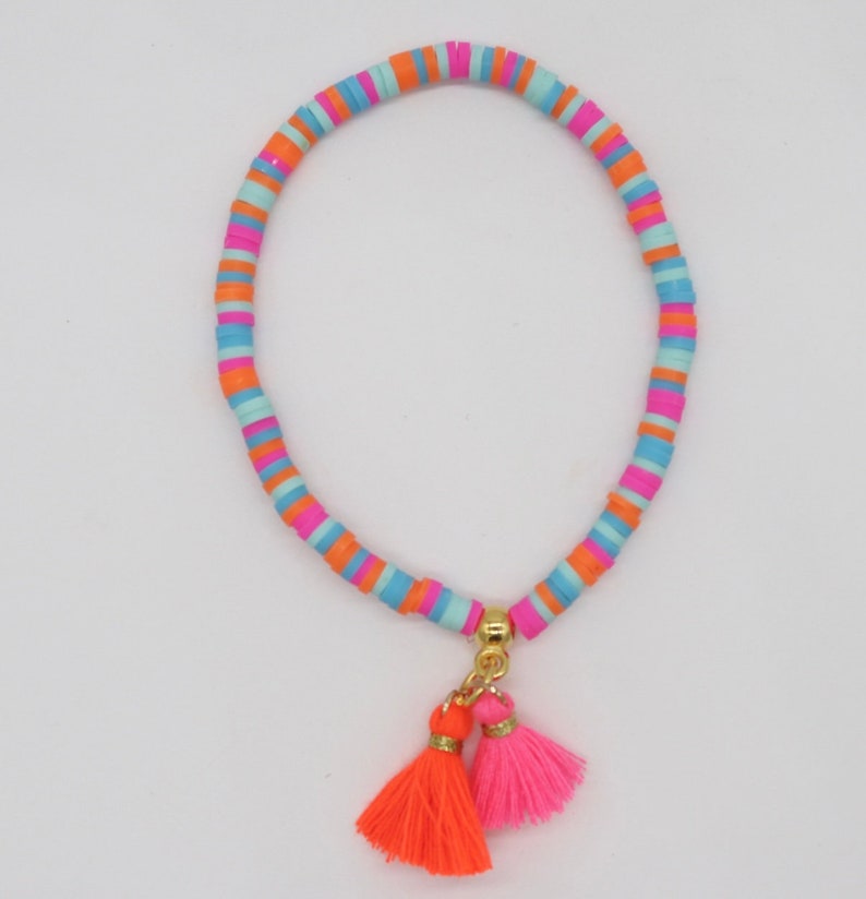 Colorful Heishi bracelet pink orange, tassel, gold plated, gift for women image 8