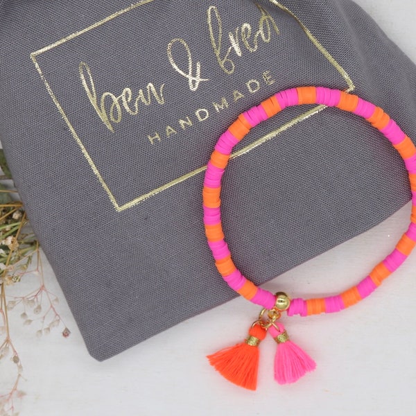 Pink orange Heishi Armband  Pink orange, Quaste, vergoldet , Geschenk für Frauen