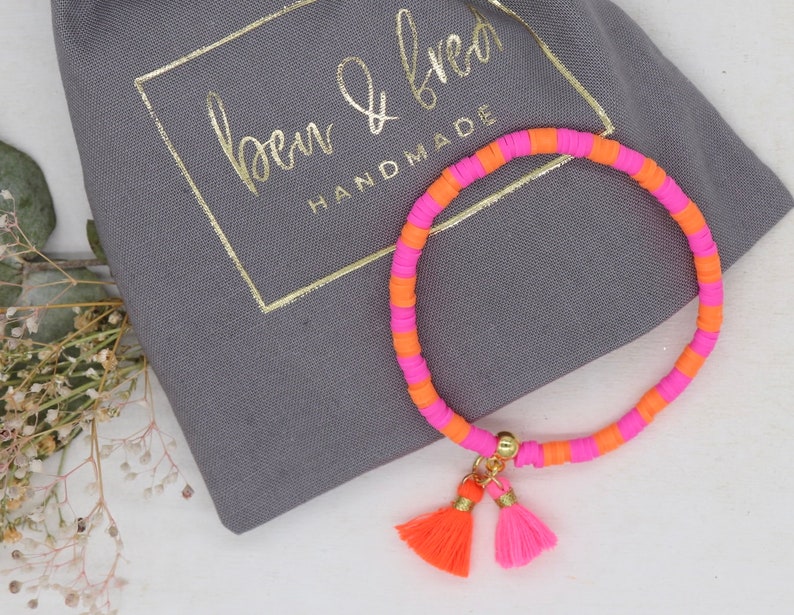 Pink orange Heishi bracelet Pink orange, tassel, gold plated, gift for women image 2