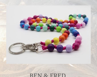 Key ring or cell phone chain “shine & rise” wooden beads 10 mm, knotted, silver-plated carabiners, gift idea, rainbow