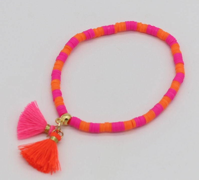 Pink orange Heishi bracelet Pink orange, tassel, gold plated, gift for women image 8