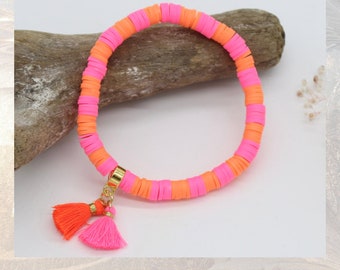 Pink orange Heishi Armband Neon Pink orange, Quaste, vergoldet , Geschenk für Frauen