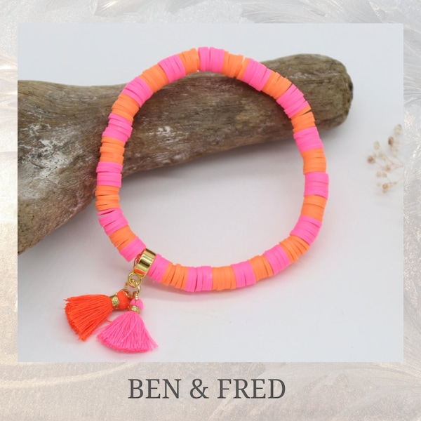 Pink orange Heishi Armband Neon Pink orange, Quaste, vergoldet , Geschenk für Frauen