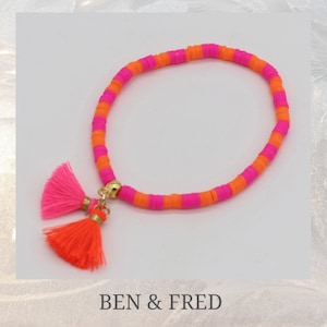 Pink orange Heishi bracelet Pink orange, tassel, gold plated, gift for women