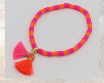 Pink orange Heishi Armband  Pink orange, Quaste, vergoldet , Geschenk für Frauen