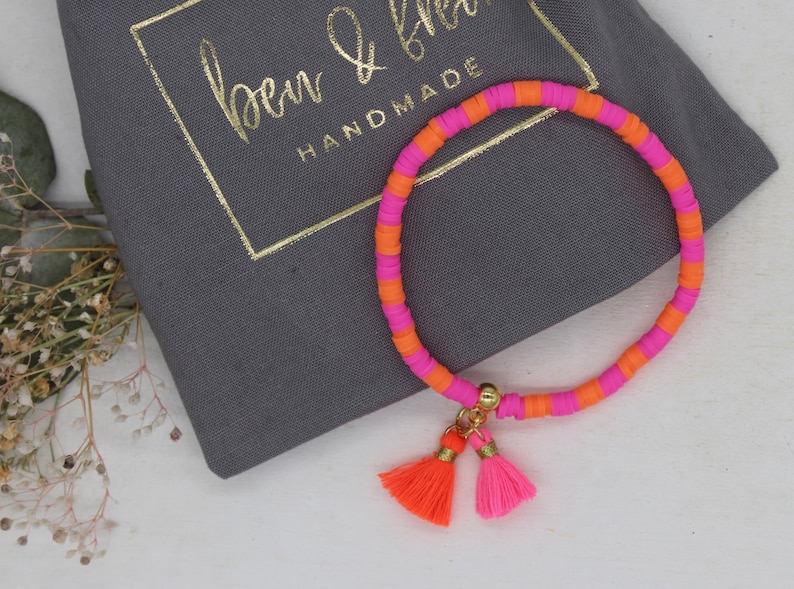 Pink orange Heishi Armband Pink orange, Quaste, vergoldet , Geschenk für Frauen zdjęcie 4