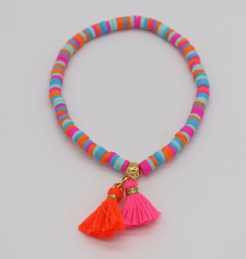 Buntes Heishi Armband Pink orange, Quaste, vergoldet , Geschenk für Frauen imagem 3