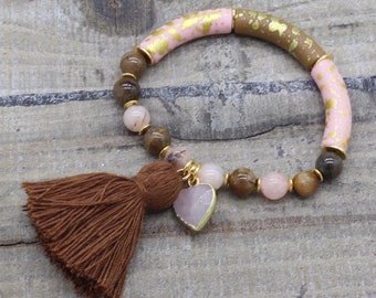 Armband Naturstein mit Acryl Tube Perlen,  Rosenquarz Anhänger, Quaste, rosa braun, vergoldet