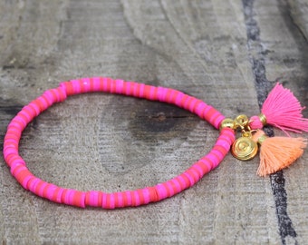 Pink  Heishi Armband  Pink Koralle, Quaste, Schnecke vergoldet , Geschenk für Frauen