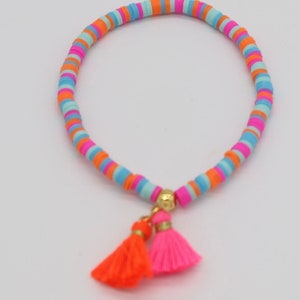 Colorful Heishi bracelet pink orange, tassel, gold plated, gift for women image 2