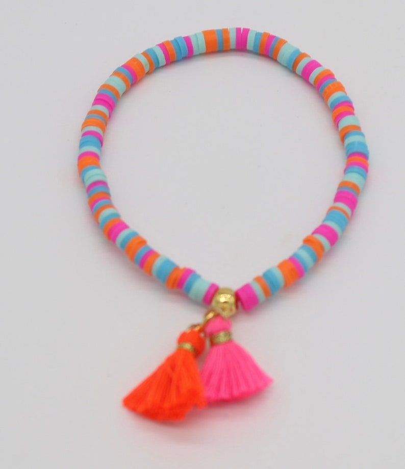 Colorful Heishi bracelet pink orange, tassel, gold plated, gift for women image 2