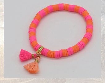 Pink orange Heishi Armband  Pink orange, Quaste, vergoldet , Geschenk für Frauen
