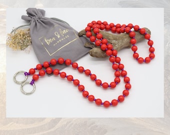 Long cell phone chain, red-orange wooden beads in 12 mm, knotted, silver-plated or gold-plated carabiners, choice of length