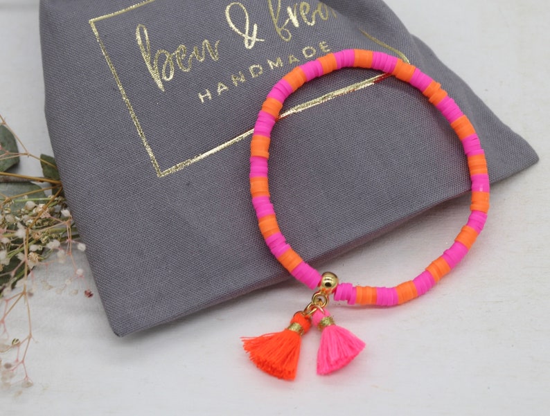 Pink orange Heishi bracelet Pink orange, tassel, gold plated, gift for women image 6