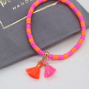 Pink orange Heishi Armband Pink orange, Quaste, vergoldet , Geschenk für Frauen zdjęcie 5