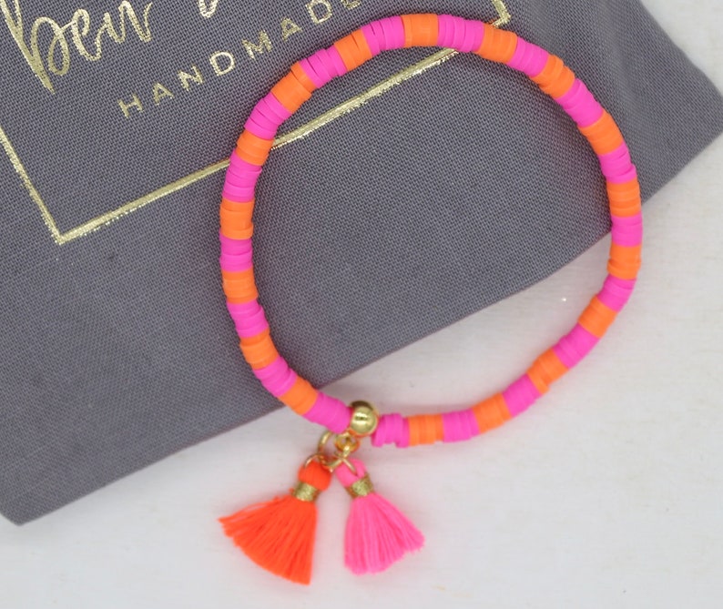 Pink orange Heishi bracelet Pink orange, tassel, gold plated, gift for women image 3