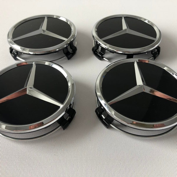 4 Stück (Set) Radnabenkappen für Mercedes-Benz 75 mm-2,95 Zoll schwarz glänzend