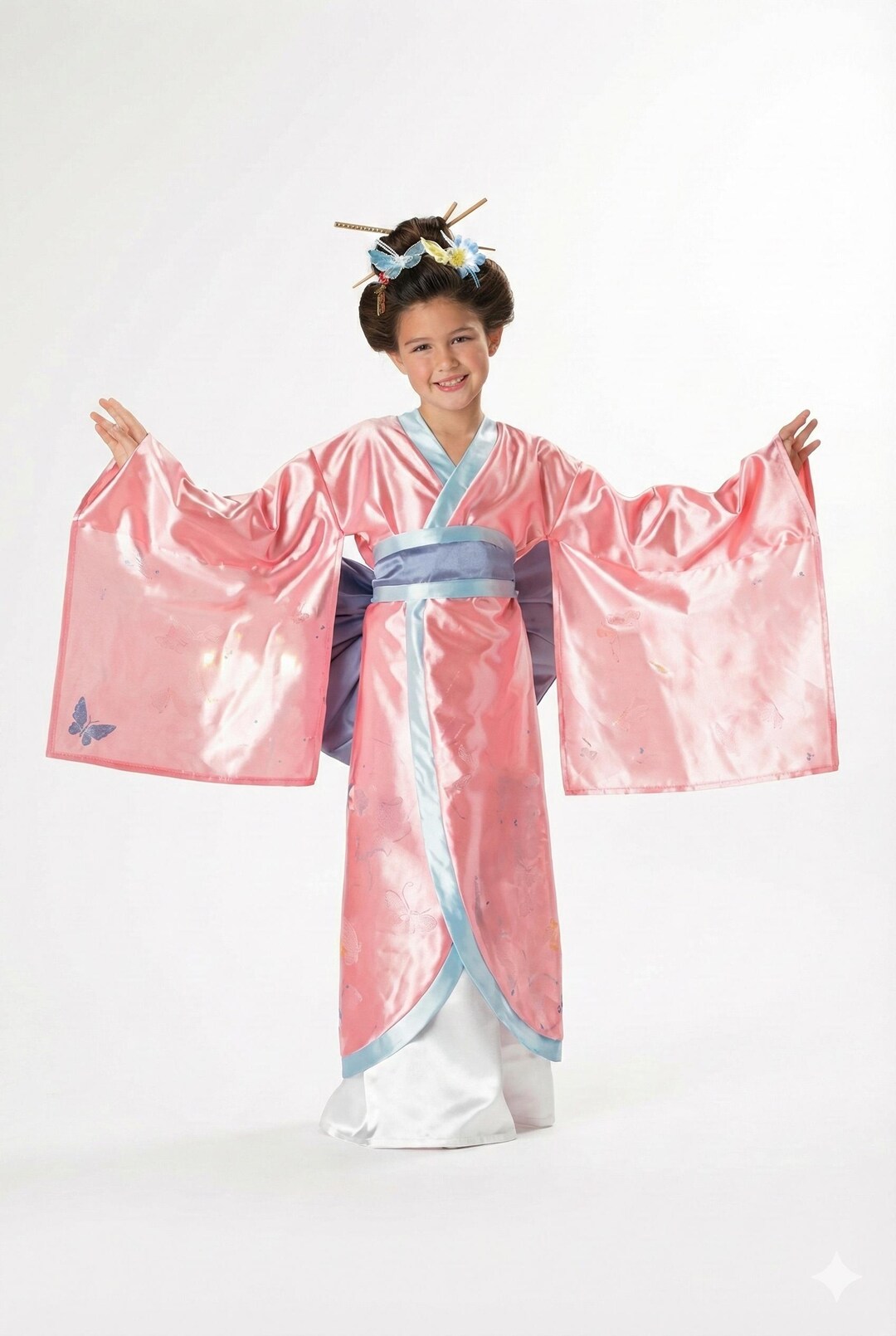 Kimono Lungo In Cotone Rosa Cielo Stampa Farfalle - Abito Da Notte O Spiaggia