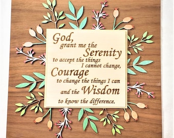Serenity Prayer Wall Art - Prayer Decor - Beautiful Laser Cut 3D Floral Design - Hand Painted