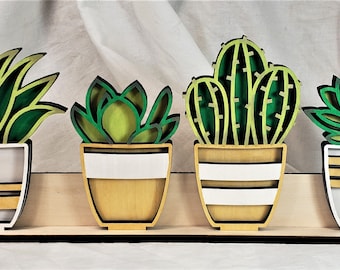Succulents on a Shelf - 3D Laser Cut Wood - Hand Painted - Succulent Decor - Tiered Tray - Shelf Sitter - Cactus Decor - Succulent Gift
