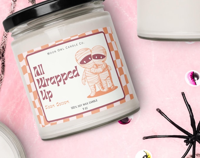 Pastel Mummy All Wrapped Up Soy Candle: Clean Cotton Scent, Spooky Book Lover Decor