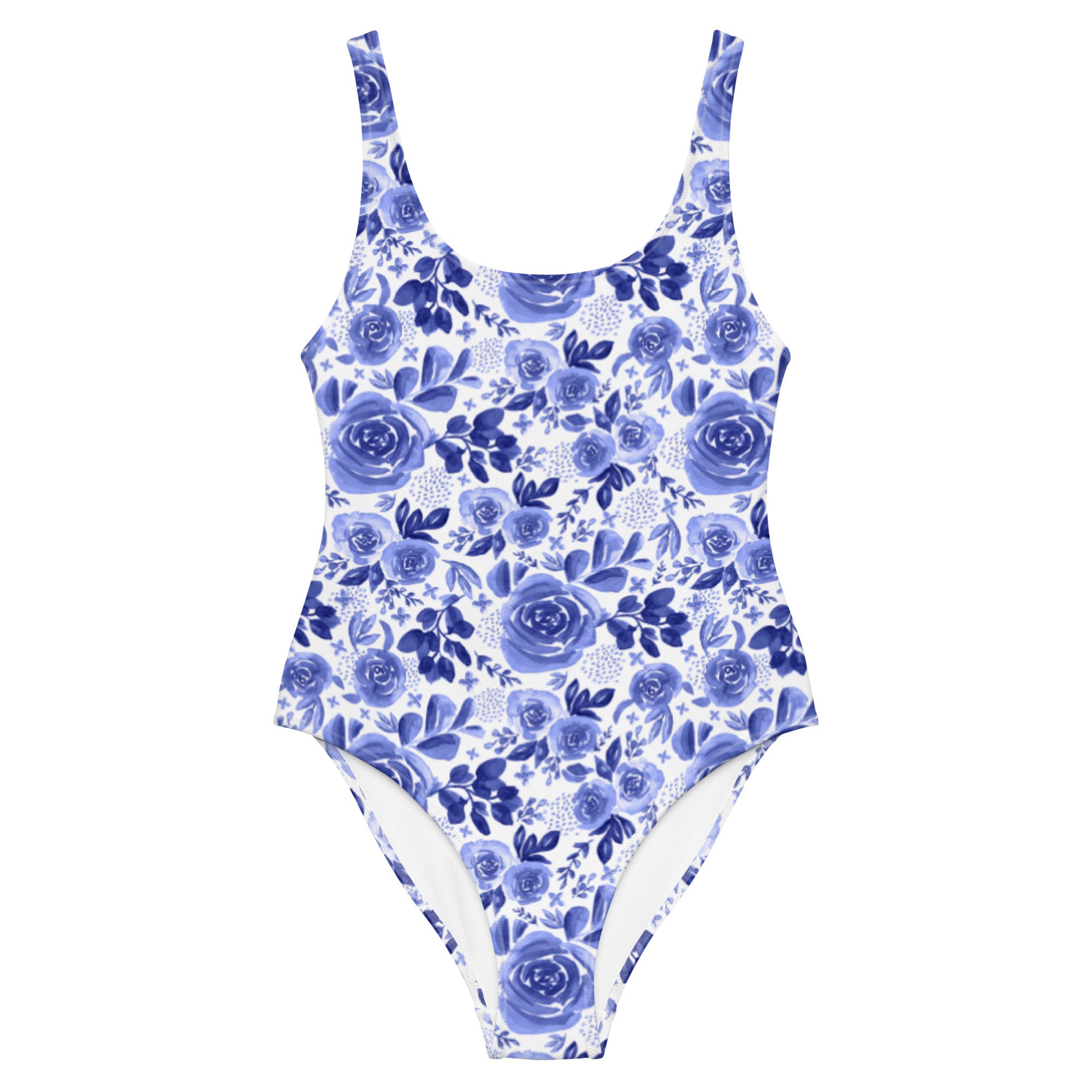 Blue and White Floral Swimsuit Print Eco-friendly One-piece Beach ...