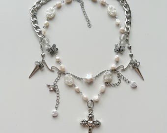 Handgemachte Perlen Kreuz Choker: Perlen Grunge Halskette