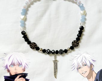 Satoru Gojo Inspired Beaded Necklace: Black Onyx & Sword Charm