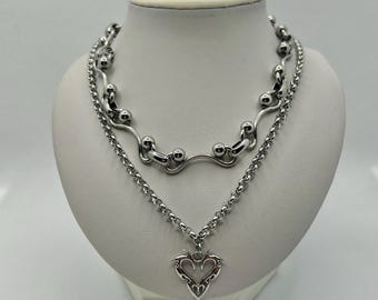 Stainless Steel Heart Layered Necklace, Gothic Choker Necklace, 2000s Grunge Jewelry, Unisex Birthday Gift