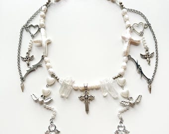 Cherub Pearl Necklace: Y2k Silver Statement, Harajuku Rave Style