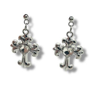 Chrome heart earrings white, streetwear style, cross metal earrings, y2k grunge punk charm, waterproof cross earrings, birthday gift