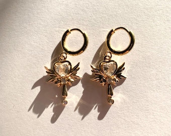 Gold Angel Wing Wand Earrings: Dainty Stainless Steel Jewelry