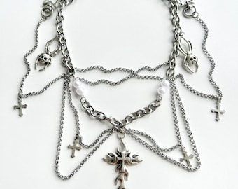 NULL CROSS- Gothic Statement Choker Halsband, Chunky Cross y2k