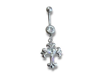 14G Grunge Silver Cross Belly Button Ring