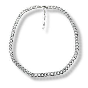 May include: A silver-colored chain necklace with a curb link design. The necklace has a lobster clasp closure and an adjustable chain. The jewelry is displayed on a white background.