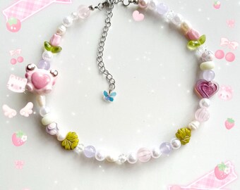 Fairycore Frog Bead Necklace: Whimsical Floral Charm Jewelry