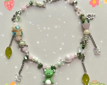 Handmade Beaded Frog Necklace: Cottagecore Garden Jewelry