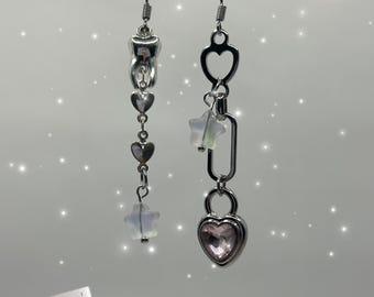 Y2K Mismatched Dangle Earrings: Alt Grunge S925 Silver Hooks