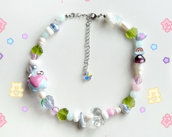 Handmade Fairycore Frog Bead Necklace: Whimsical Floral Jewelry