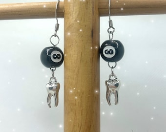 8 Ball Tooth Earrings: Goth Grunge Y2K Jewelry, S925 Hooks