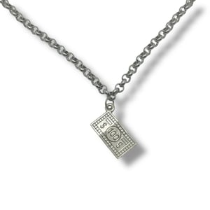 May include: Silver-toned necklace featuring a pendant shaped like a $100 bill. The pendant is rectangular with detailed markings, and the chain has a linked design. The necklace is displayed against a white background.