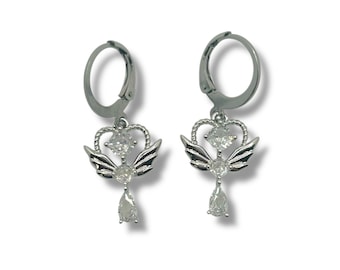 Y2k/2000s angel heart earrings silver: stainless steel hoops