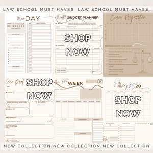 May include: A set of printable law school study planners with the text "Shop Now" on each page. The planners include a monthly budget planner, a weekly planner, a case brief planner, and an exam preparation checklist.