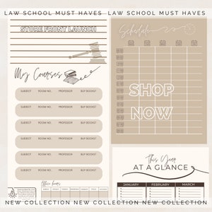 May include: A printable planner for law school students. The planner includes a schedule, a list of courses, and a section for office hours. The planner is decorated with a gavel, books, and the text "Shop Now".