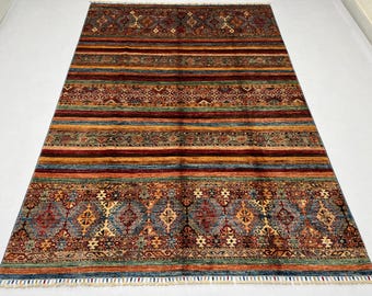 Handmade 6x8 Ft Tribal Gabbeh Rug - Striped Afghan Rug 6x8 - Rug For Living Room - Rug For Bedroom - Khorjun Chobi Rug 6x8 - Veg Dyed Rug