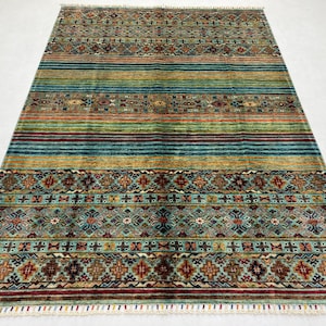 Handmade 6x8 Ft Striped Turquoise Gabbeh Rug - Afghan Tribal Veg Dyed Wool Khorjun Rug - Nomadic Rug - Living Room Rug - Bedroom Rug 6x8 Ft